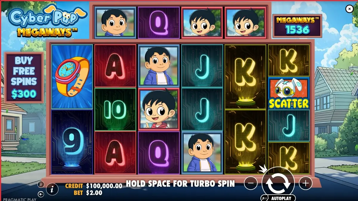 Tampilan futuristik dan ceria dari slot Cyber Pup Megaways dengan karakter robot anjing.