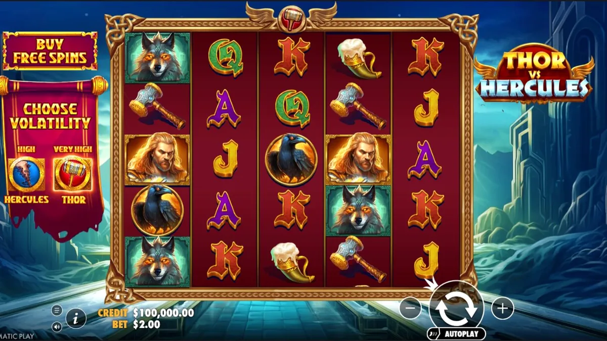 Thor dan Hercules berhadapan dalam latar belakang mitologi epik pada slot Thor vs Hercules